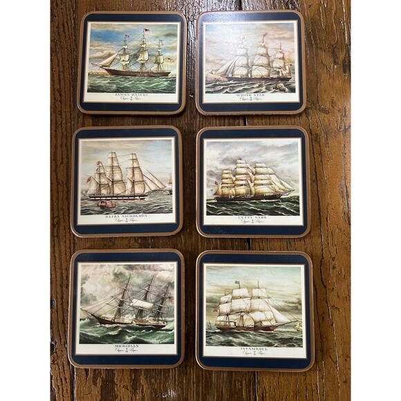 Vintage Pimpernel Coasters Set of 6 Acrylic Cork Back Nautical Clipper Ships - Picture 1 of 4